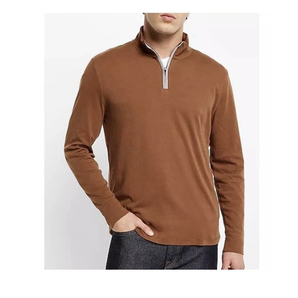 Men's Express Long Sleeve Tipped 1/4 Zip Pull Over Sweatshirt Coffee Brown